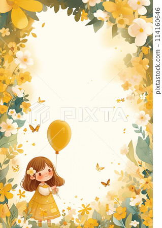 Children's Frame A girl holding a yellow balloon in a field of flowers. Children's Frame A girl holding a yellow balloon in a field of flowers. 114160646