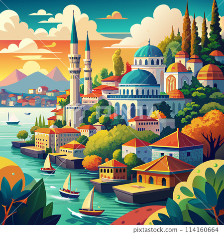 Istanbul A painting of a city with a large blue dome on top of a building Istanbul A painting of a city with a large blue dome on top of a building 114160664