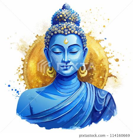 A blue and white Buddha statue with a blue robe and a blue flower on its head 114160669