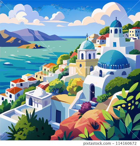 Greece A painting of a town with a blue dome on top of a building 114160672