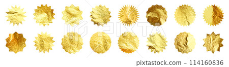 Golden stars, sunburst symbols. Shiny gold foil. Vintage sunbeam symbols. Shopping labels, sale or discount sticker, quality mark. Special offer price tag, promotional badge. Vector illustration 114160836