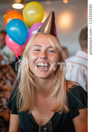 A woman wearing a party hat and surrounded by balloons 114160880