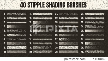 Stipple scatter brush, ink drawing and texturing. Fading gradient. Stippling, dotwork drawing, shading using dots. Halftone disintegration effect. White noise grainy texture. Vector illustration 114160882