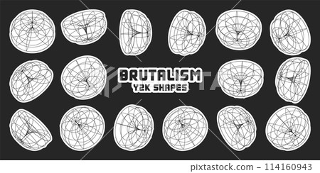Wireframe lined shapes. Perspective mesh, 3d grid. Modern trendy low poly geometric elements. Retro futuristic design elements, y2k, vaporwave and synthwave style. Vector illustration 114160943