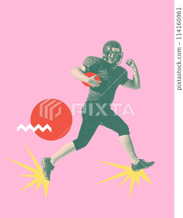 Concentrated and competitive man, American football player running with ball against pink background. Contemporary art collage. 114160961