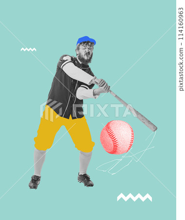 Focused young man, baseball player hitting ball with bat against mint background. Contemporary art collage. Focused young man, baseball player hitting ball with bat against mint background. Contemporary art collage. 114160963