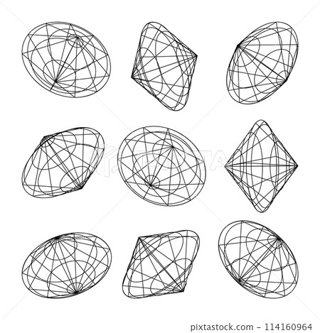 Wireframe lined shapes. Perspective mesh, 3d grid. Low poly geometric elements. Retro futuristic design elements, y2k, vaporwave and synthwave style. Vector illustration Wireframe lined shapes. Perspective mesh, 3d grid. Low poly geometric elements. Retro futuristic design elements, y2k, vaporwave and synthwave style. Vector illustration 114160964