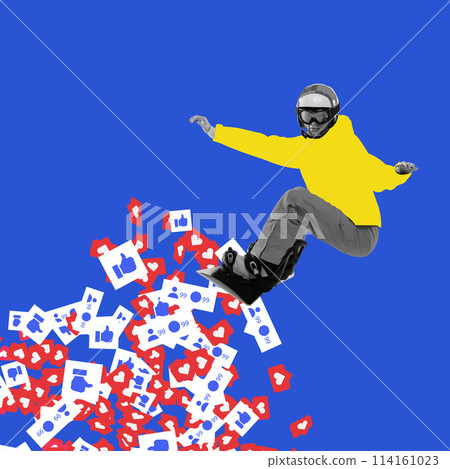 Snowboarder in yellow jacket surfing on wave of social media icons. Contemporary art collage. Internet popularity Snowboarder in yellow jacket surfing on wave of social media icons. Contemporary art collage. Internet popularity 114161023