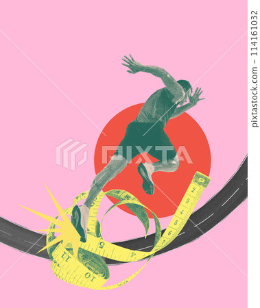 High speed. Contemporary art collage with young muscular man, professional athlete training, running over pink background with abstract design elements High speed. Contemporary art collage with young muscular man, professional athlete training, running over pink background with abstract design elements 114161032