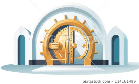 Safe investment cartoon illustration - Generative AI. Strongbox, lock, blue, yellow. 114161499