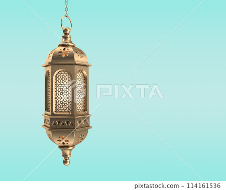 Ramadan Kareem Moroccan brass lantern lamp on blue background 114161536