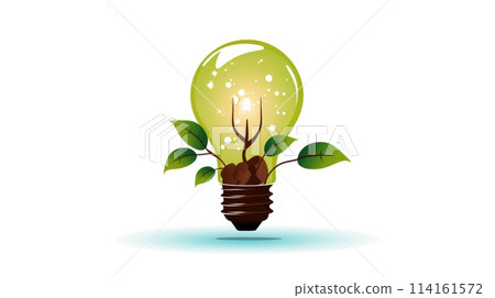 Entrepreneurial venture cartoon illustration - Generative AI. Blue, lightbulb, green, leaves. Entrepreneurial venture cartoon illustration - Generative AI. Blue, lightbulb, green, leaves. 114161572