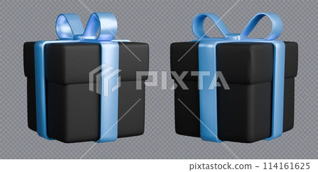 Gift boxes with ribbons, realistic 3d black boxes with blue bows. Surprise gift isolated on grey background. Gift boxes with ribbons, realistic 3d black boxes with blue bows. Surprise gift isolated on grey background. 114161625
