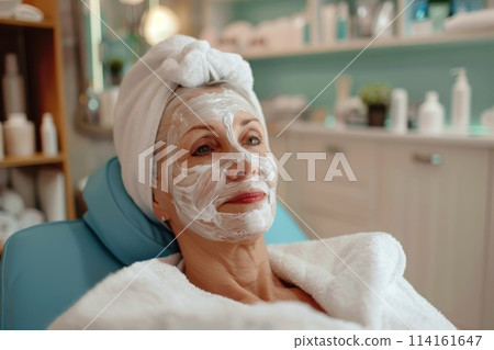 White Woman in Her 50s with Face Mask in Beauty Salon, AI Created 114161647