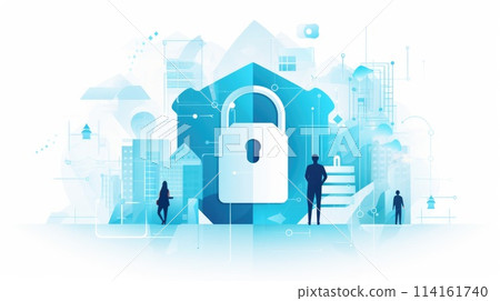Cybersecurity defense cartoon illustration - Generative AI. Padlock, people, building, blue. 114161740