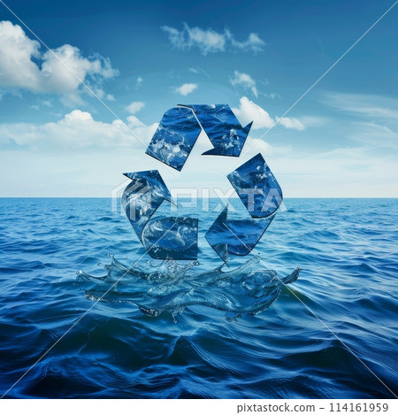 A blue ocean with a recycling symbol in the middle. The ocean is full of water and the recycling symbol is floating on top of it 114161959