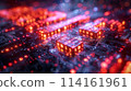 A computer chip with a bunch of red letters on it. The letters are in different sizes and are arranged in a way that they look like they are glowing. Crypto and BTC bitcoin blockchain technology 114161961