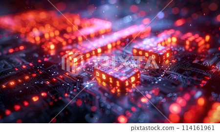 A computer chip with a bunch of red letters on - Stock