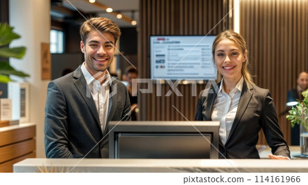 Two people are standing at a reception desk, smiling for the camera. The woman is wearing a black jacket and the man is wearing a suit 114161966