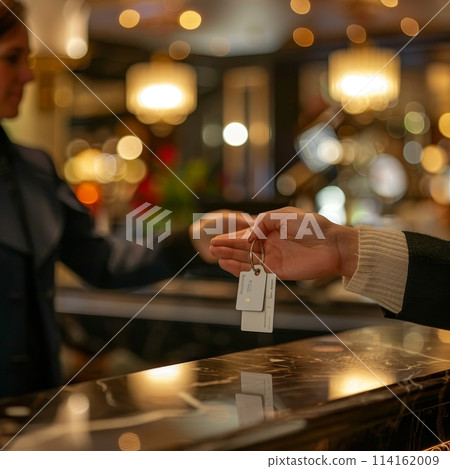 A person is handing a key to a hotel clerk. The scene takes place in a hotel lobby 114162009
