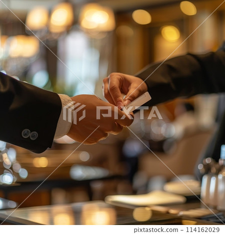 Efficient Hospitality: Guest Completes Check-In Process with Hotel Clerk in Lobby 114162029