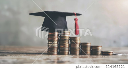 High cost of education concept - stacks of coins with graduation cap on it 114162221
