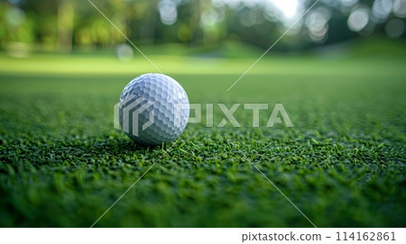 Close-up image of a golf ball on lush green fairway. Summer Olympic Games, sports equipment for golf 114162861