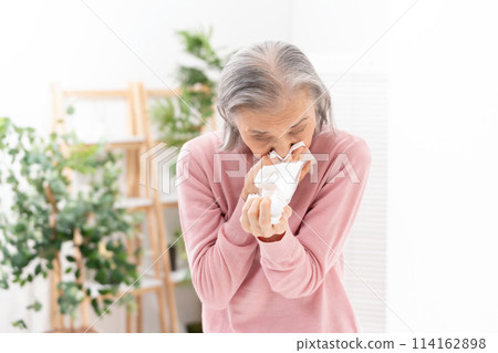 因過敏擤鼻涕的高級婦女 114162898