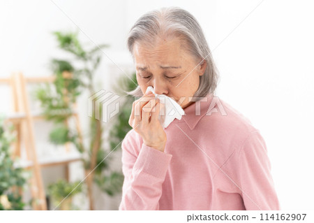 因過敏擤鼻涕的高級婦女 114162907