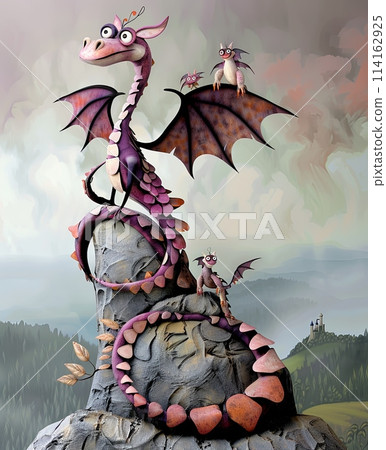 majestic dragon mother with three baby dragons perched atop a rock, overlooking the vast landscape below with an ancient castle. 114162925