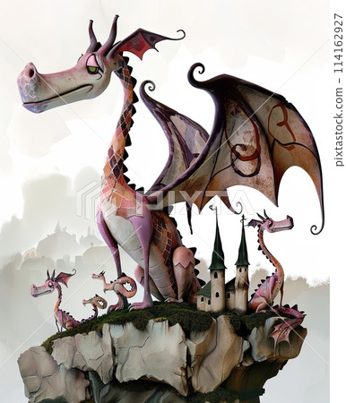 majestic dragon mother with three baby dragons perched atop a rock, overlooking the vast landscape below with an ancient castle. 114162927