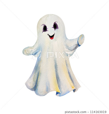 Halloween ghost, in a white sheet. Hand drawn watercolor illustration isolated on white background. For cards, invitations, banners, flyers, covers. 114163019