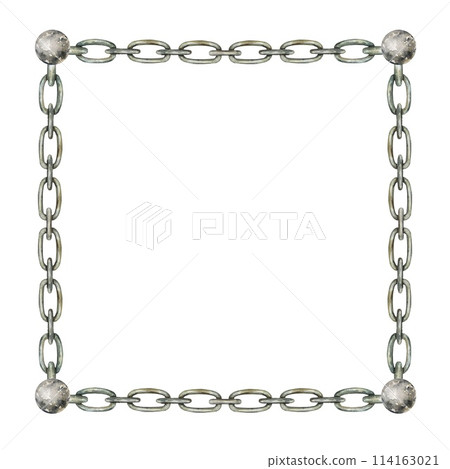 Metal chain, square frame. Hand drawn watercolor illustration isolated on white background. Halloween cards, invitations, labels, banners, covers. Metal chain, square frame. Hand drawn watercolor illustration isolated on white background. Halloween cards, invitations, labels, banners, covers. 114163021