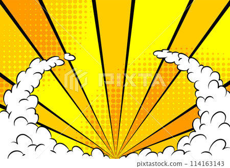 Sunset comic background. Bright pop art with halftone color. Comics book cartoon, magazine cover. Funny retro pattern strip mock up vector illustration Sunset comic background. Bright pop art with halftone color. Comics book cartoon, magazine cover. Funny retro pattern strip mock up vector illustration 114163143