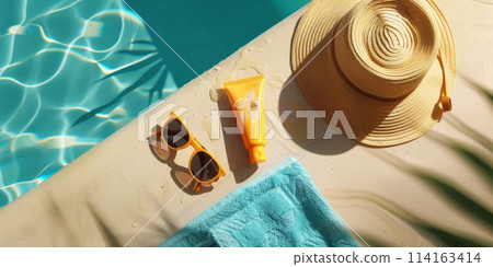 Summer concept - summer items like sun glasses, hat, shoes, sun cream 114163414