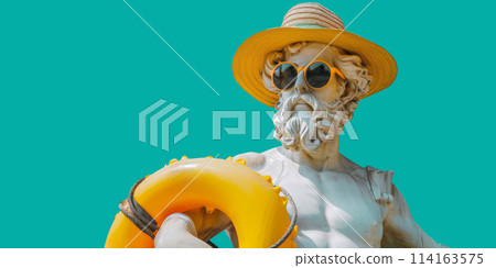 Summer concept - antique statue holding summer attributes - sun glasses, hat and floating pool ring 114163575