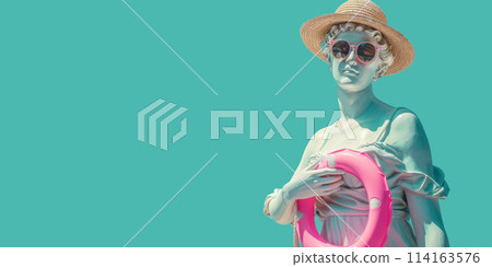 Summer concept - antique statue holding summer attributes - sun glasses, hat and floating pool ring 114163576