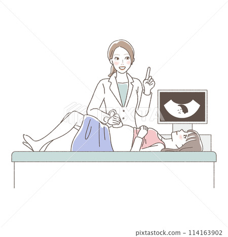 Illustration of a pregnant woman undergoing an ultrasound examination. 114163902