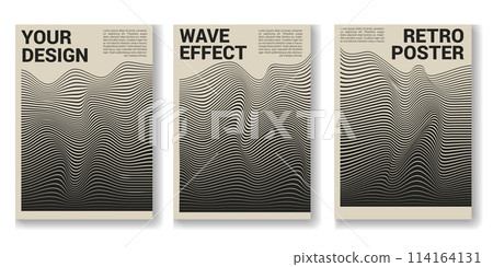 Collection of swiss design striped posters. Meta modern graphic elements. Abstract groovy geometric stripes. Vector set. Wavy Art banners. monochrome 114164131