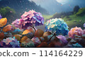 Image of hydrangea blooming in the rain, rainy season, June | Clear copyright issues Edit Adobe AI generated image 114164229