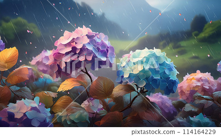 Image of hydrangea blooming in the rain, rainy season, June | Clear copyright issues Edit Adobe AI generated image 114164229