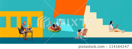 Banner. Contemporary artwork. Community collage. Four persons, each in unique setting, symbolize adaptability and diversity of modern creative workspaces. Banner. Contemporary artwork. Community collage. Four persons, each in unique setting, symbolize adaptability and diversity of modern creative workspaces. 114164247