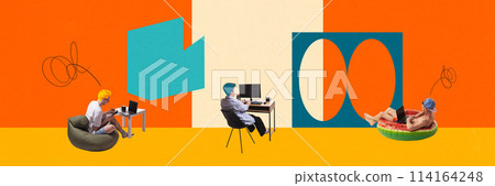 Banner. Contemporary artwork. Community collage. Young people, freelancers, remote workers, students works in modern co-working space. Banner. Contemporary artwork. Community collage. Young people, freelancers, remote workers, students works in modern co-working space. 114164248