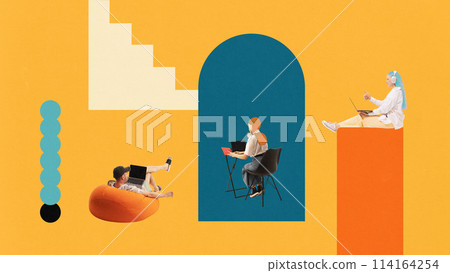 Poster. Contemporary art collage. Shared working environment. People working at computers in open space office. 114164254
