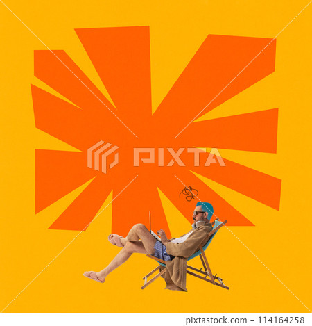 Poster. Contemporary art collage. Creative thinking outside traditional office environment. Man reclines in chair working in laptop against striking yellow background. 114164258