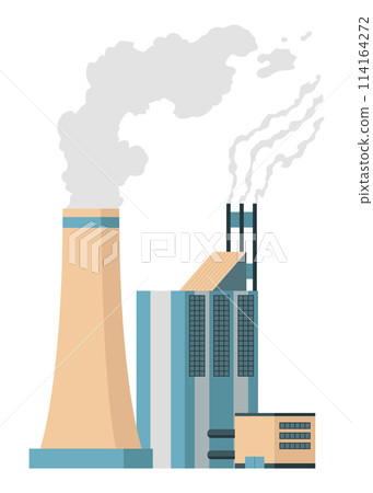 Factory industrial. Manufactory industrial building refinery factory or nuclear power station. Complex of chemical plant buildings isolated on white background 114164272