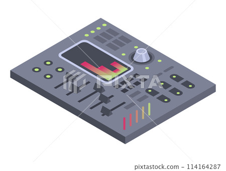 Isometric control panel spaceship with slider, controllers, buttons. 3d dashboard on white background. Aircraft toggle switches panel vector illustration 114164287