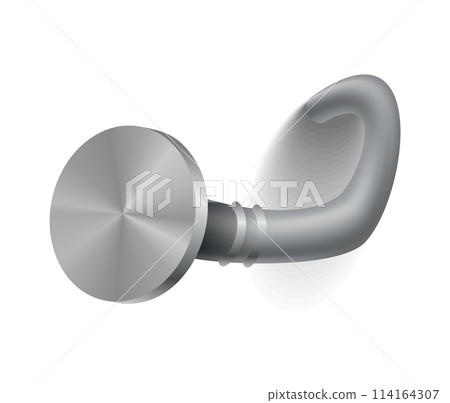 Hammered nail on surface. Iron, steel or silver pin head. Bent metal spike or hobnail with cap in cartoon style. Vector grey hardware for home construction, isolated on white background Hammered nail on surface. Iron, steel or silver pin head. Bent metal spike or hobnail with cap in cartoon style. Vector grey hardware for home construction, isolated on white background 114164307