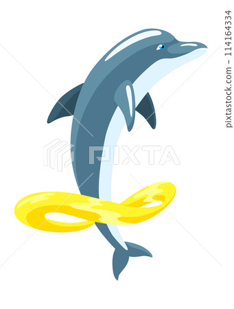Dolphin cartoon character. Ocean mammal in motion isolated on white. Wild nature animal. Vector illustration of sea life blue fish 114164334