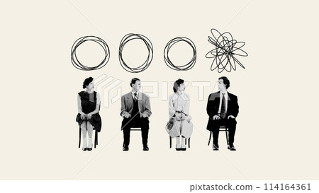 Being different from other. Young people sitting on chair with clear circles and man with tangled thoughts above. Contemporary art collage. Being different from other. Young people sitting on chair with clear circles and man with tangled thoughts above. Contemporary art collage. 114164361